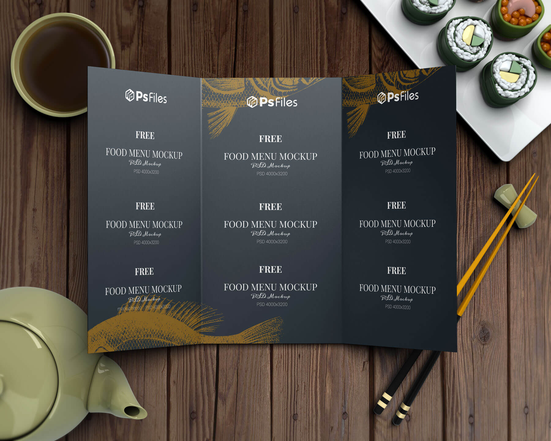 Free Tri-Fold Restaurant Food Menu Mockups PSD Set