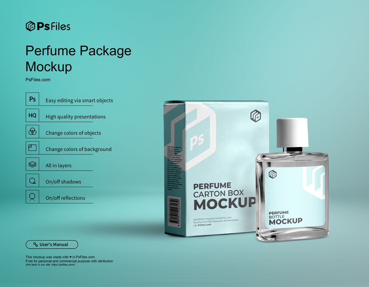 Free Perfume Bottle and Packaging Box Mockup PSD