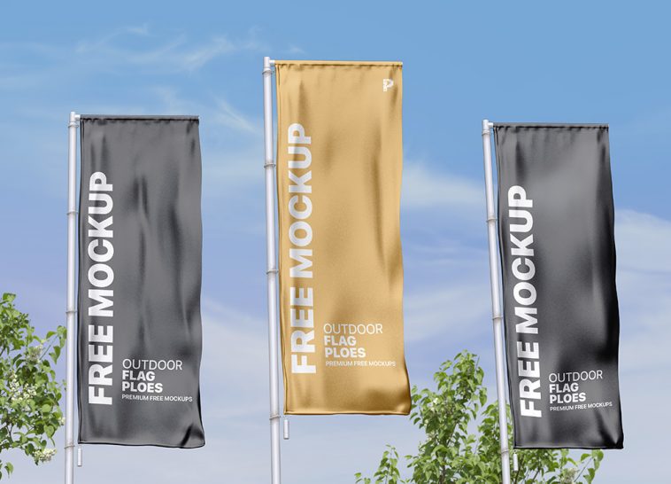 Free Outdoor Flag Poles Mockup