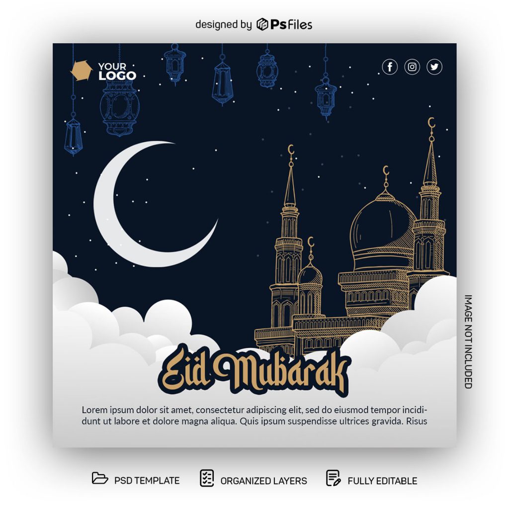 PsFiles Free Eid Mubarak 2022 Social Media Post Design PSD Template
