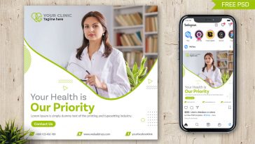 PsFiles Green color Free Health Clinic Social media Post Design PSD Template