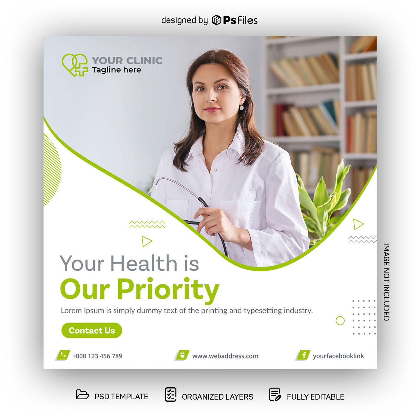 PsFiles Green color Free Health Clinic Social media Post Design PSD Template