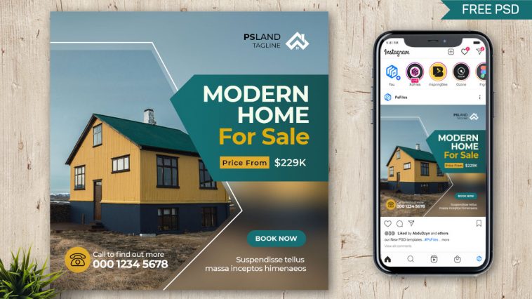 PsFiles Free Modern Home for Sale Social Media Post Design PSD Template