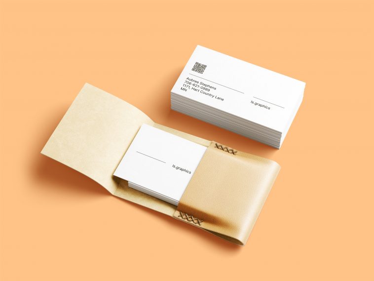 Free Business Cards with Leather Card Holder Mockup PSD