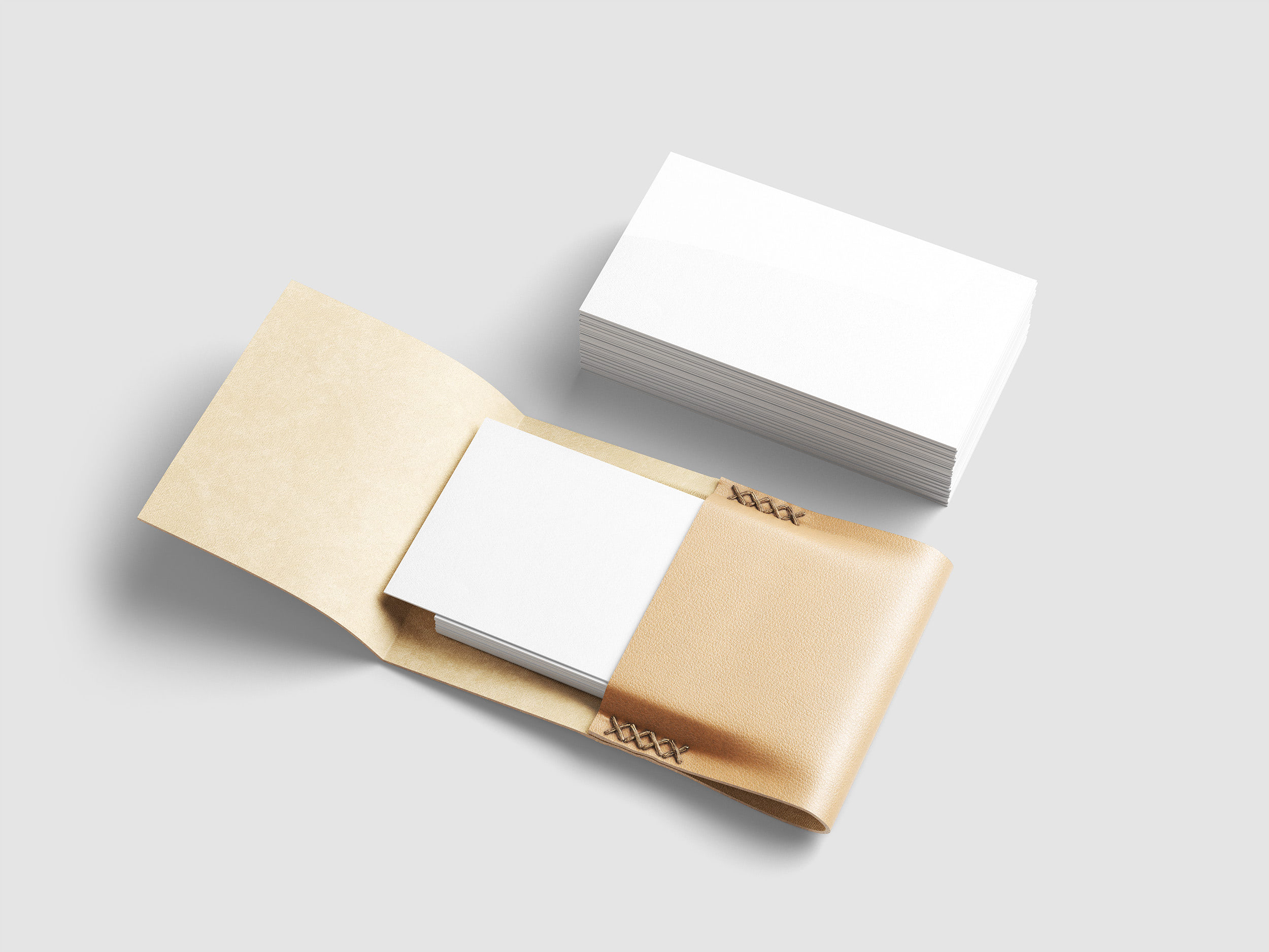 Free Business Cards with Leather Card Holder Mockup PSD