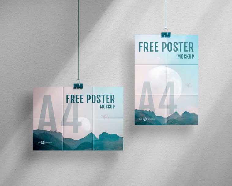 Shadow overlay Free Hanging Posters Mockup PSD Set