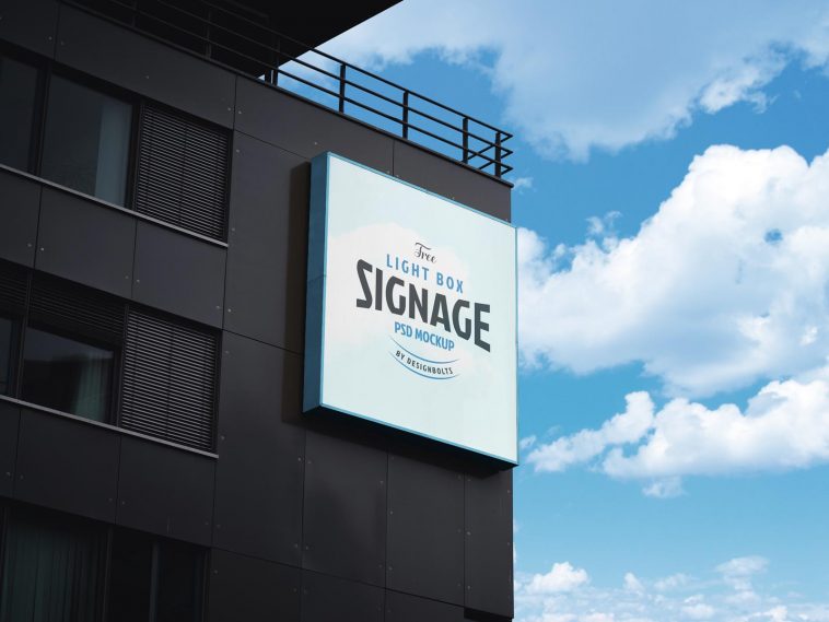 Free Square Signboard On Building Mockup PSD
