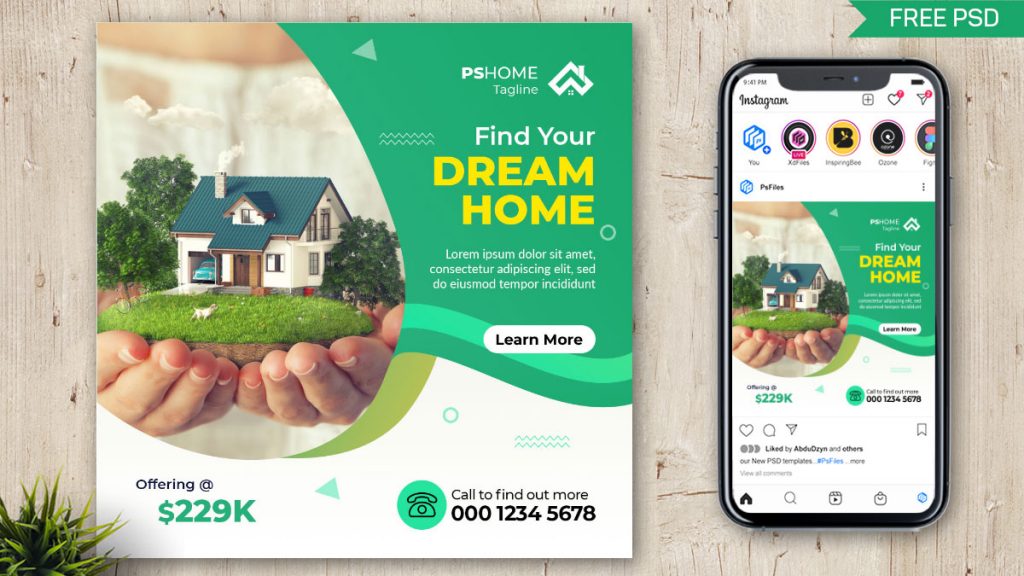 Green Eco Friendly Dream Home Social Media Post Design PSD Template