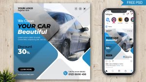 Blue color Free Car Wash Instagram Post Design PSD Template