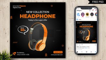 Black and Orange Color theme Headphones Offer Sales Instagram Post Design PSD Template