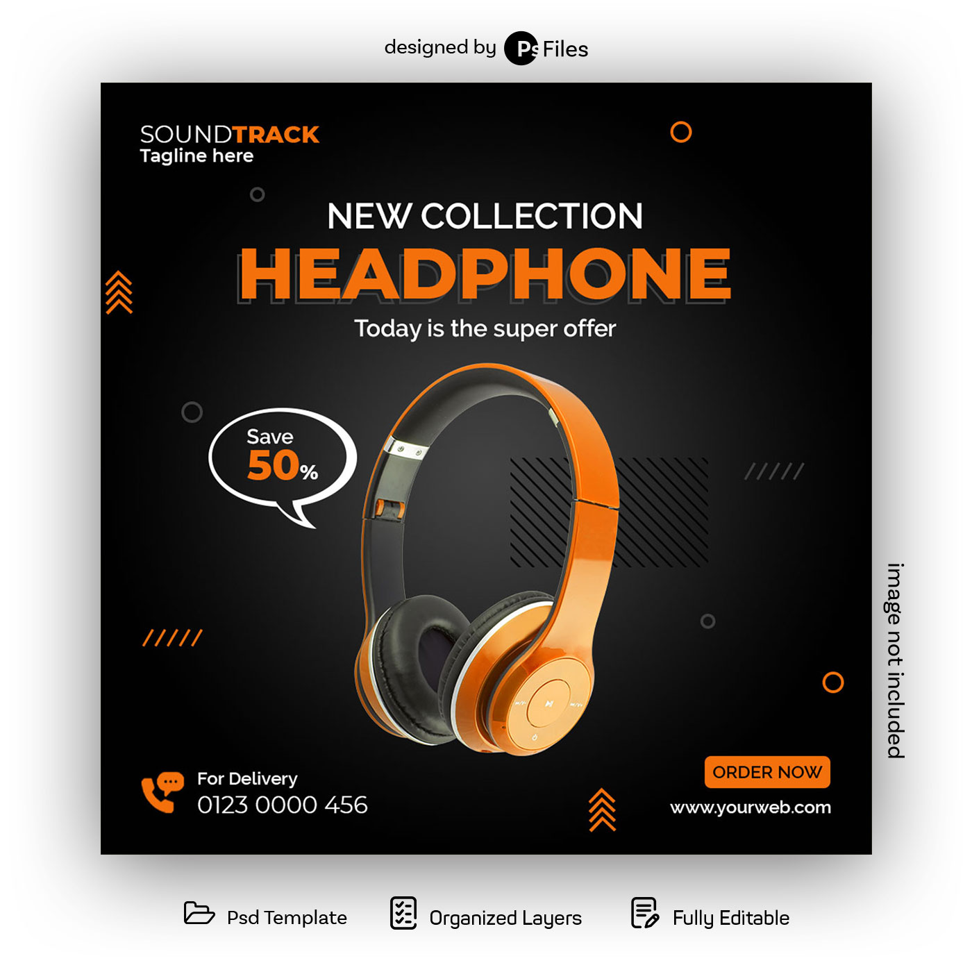 Black and Orange Color theme Headphones Offer Sales Instagram Post Design PSD Template