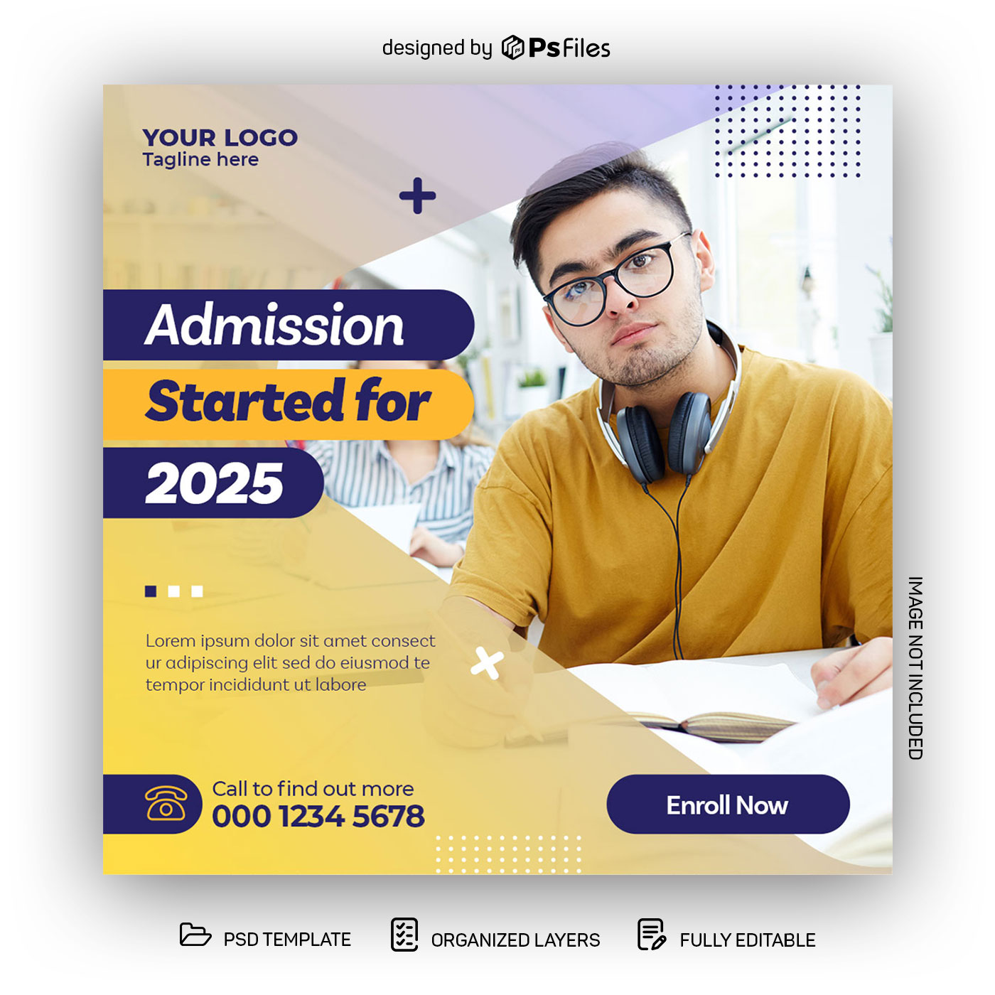 PsFiles Free Instagram Post Design PSD Template for Admission Started