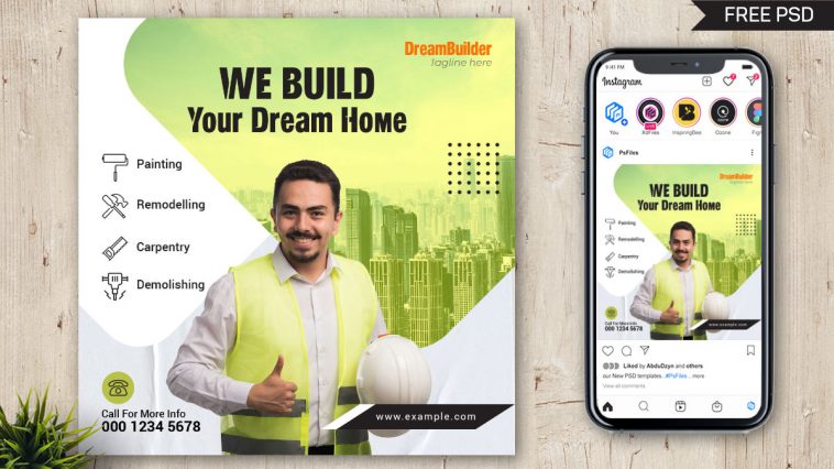 PsFiles Free Instagram Post Template for Builders and Construction Company