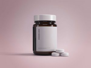 Free Medicine Amber Bottle Mockup with Pills
