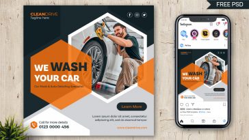 PsFiles Car Wash Service Social Media Instagram Post Banner Template PSD