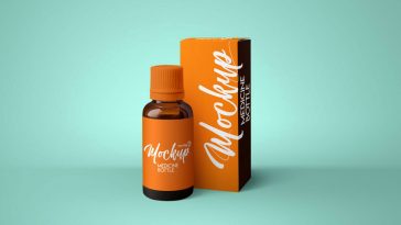 A high quality best free mockup for medicine syrups or baby care products packaging. Photorealistic small amber glass bottle with its package box.