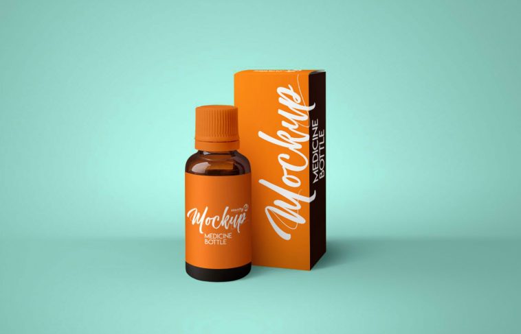 A high quality best free mockup for medicine syrups or baby care products packaging. Photorealistic small amber glass bottle with its package box.