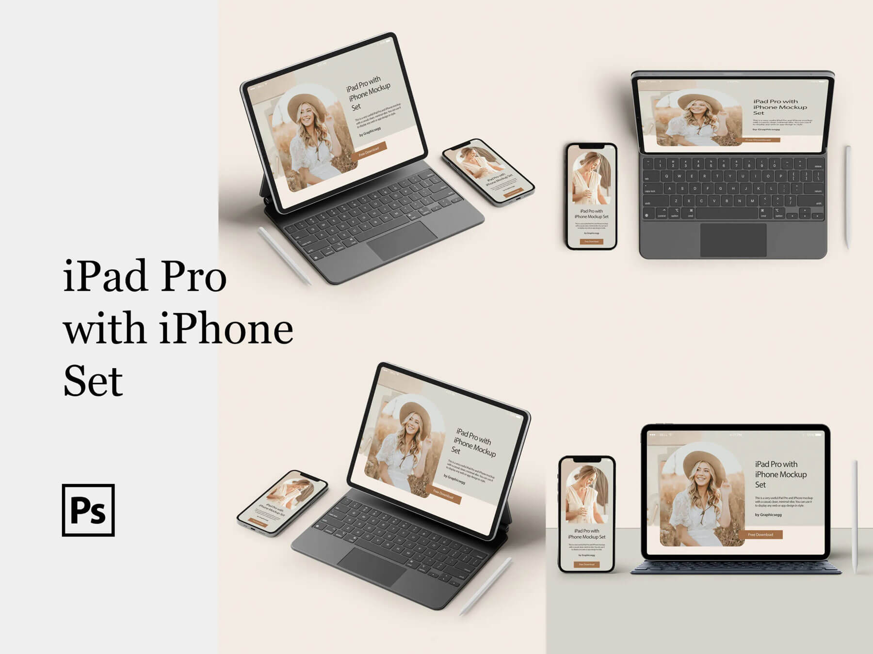 7 Free iPad Pro With iPhone Mockups PSD set PSD - PsFiles