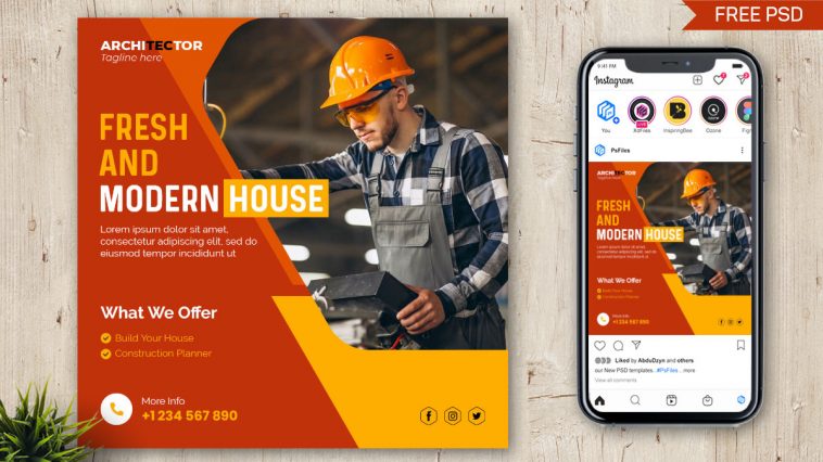 PsFiles Free Instagram Post Template for Modern House Builders Company