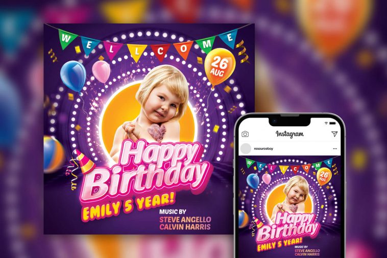 Colorful Kids Birthday Party Invitation Instagram Post Template