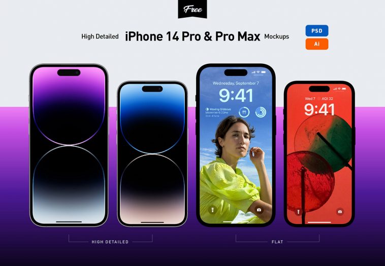 Free iPhone 14 Pro, Pro Max PSD and Vector Ai Mockups
