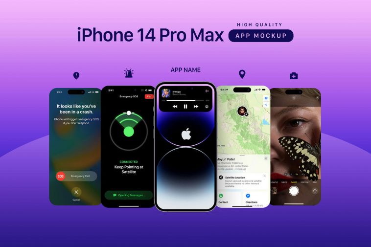 Free iPhone 14 Pro Max App Screen Mockup PSD