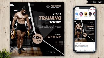 Black Gold Color theme Fitness Training Social Media Instagram Post Design PSD Template