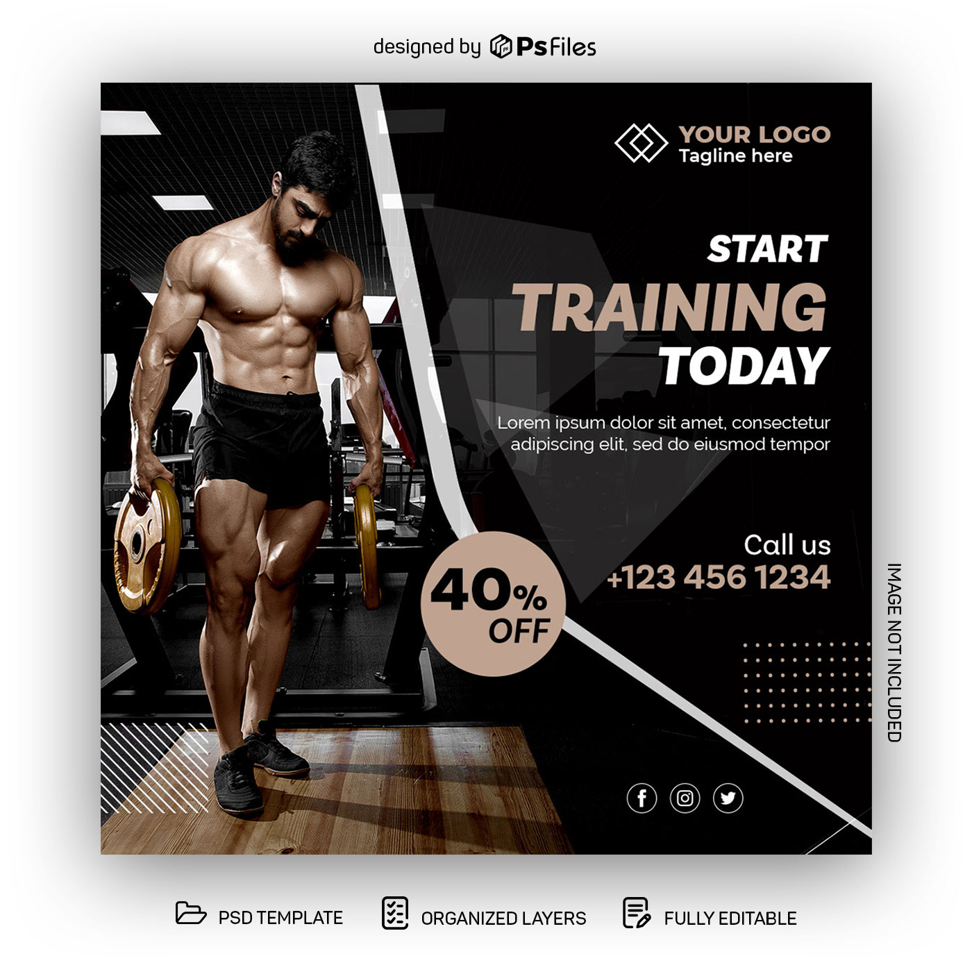 Black Gold Color theme Fitness Training Social Media Instagram Post Design PSD Template 