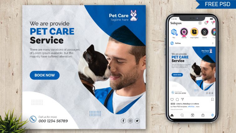 PsFiles Free Instagram Post Design Template PSD for Pets Care Animal Shop