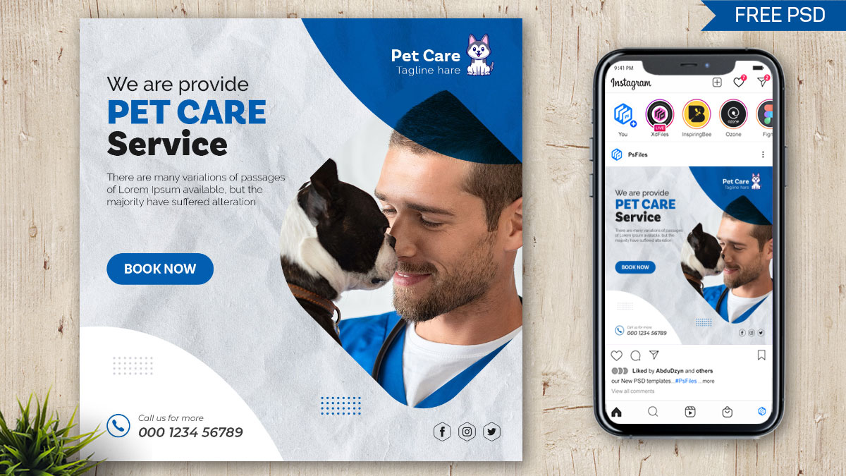Download Free Free Instagram Post Design Template PSD for Pets Care Animal Shop