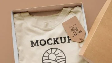Free Hang Tag And T-Shirt Packaging Box Mockup PSD