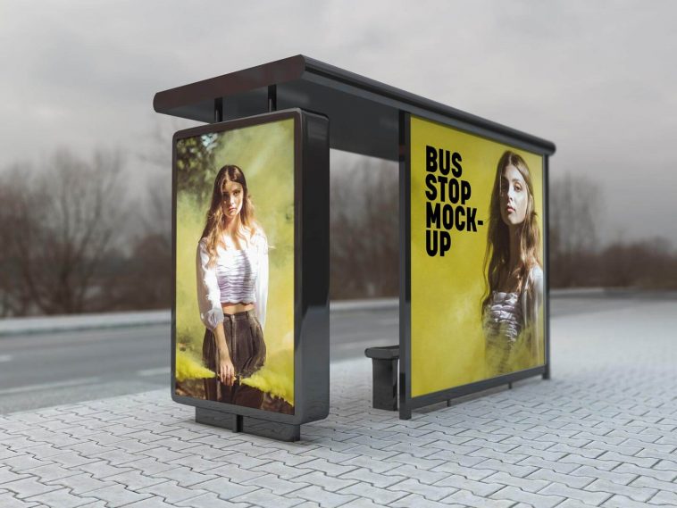 Free Outdoor Advertising Bus Shelter Mockup PSD