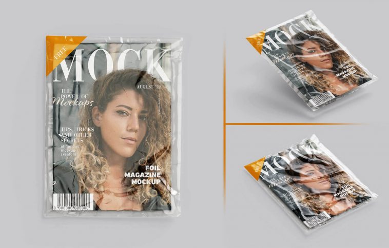 Free Transparent Cover Wrapped Magazine Mockup PSD Set