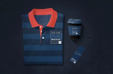 Free Folded Polo T-Shirt Mockup With Label Tag, Coffe Cup Mockup PSD