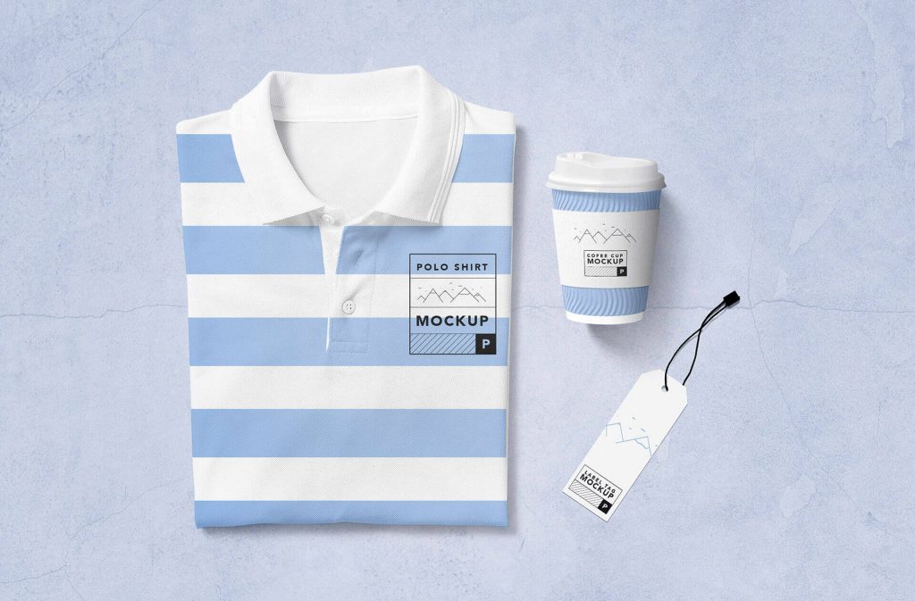 Free Folded Polo T-Shirt Mockup With Label Tag, Coffe Cup Mockup PSD