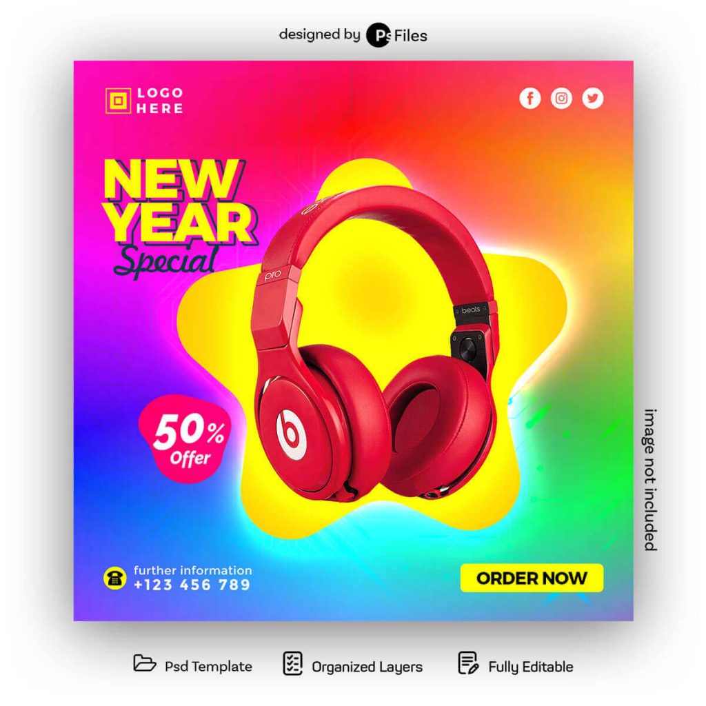 A colorful Free New Year Special Gadgets Social Media Banner Design Template
