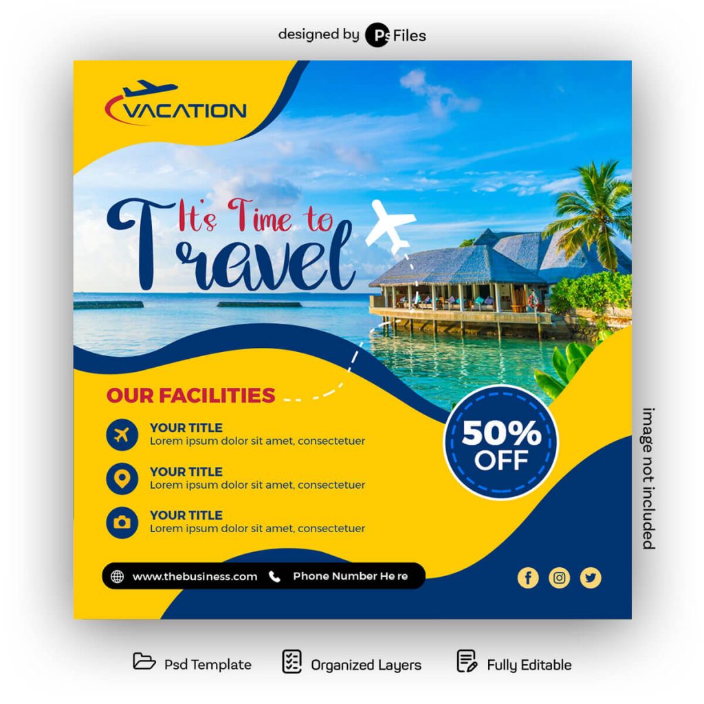 Blue and Yellow color theme Air Travel Agency Social Media Promo Post Banner Design PSD Template