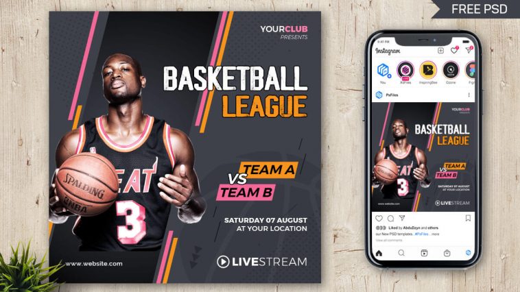 PsFiles Basketball League Match Instagram Post Design Template Free PSD