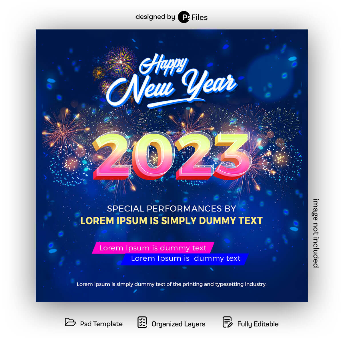 Blue coloe theme 2023 3D style Happy New Year Fire Crack Design PSD Template