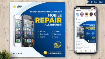 Blue color theme banner mobile repair poster screen replacement Ad Design PSD template
