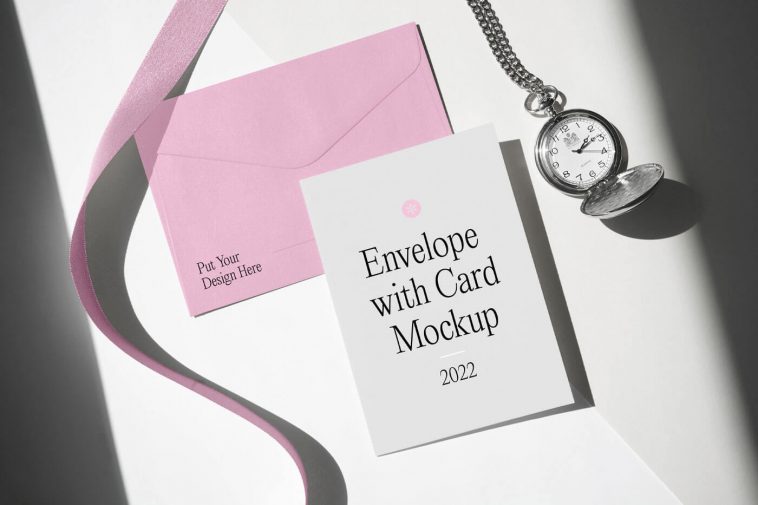 Angled Top View of an Envelope Mockup with Card and Watch