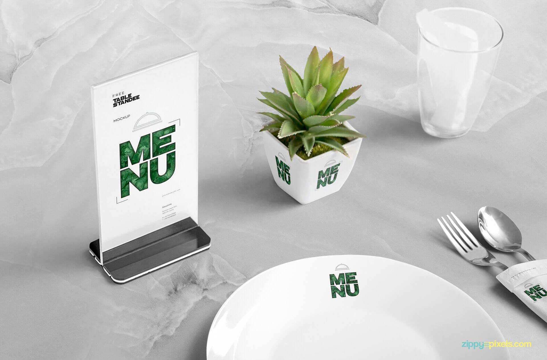 Table Menu Standee Mockup Scene with Plant, Glass, and Plate