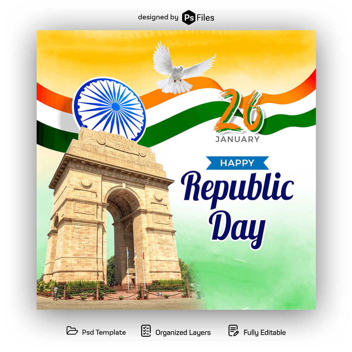 Happy Indian Republic Day January 26 Creative Design India Gate Dove Flying Indian Flag Poster Design Wishes 
