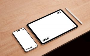 M2 iPad Pro and iPhone 14 Pro Max on Desk Mockup
