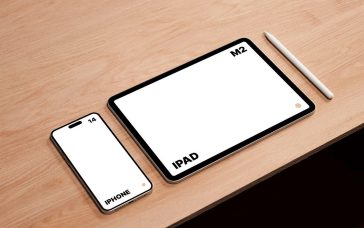 M2 iPad Pro and iPhone 14 Pro Max on Desk Mockup