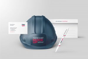Construction site Safety Helmet, Ball Pen Business Card, Envelope Cover Engineering Company Logo Branding Mockup 1 Free PSD file