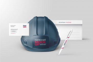 Construction site Safety Helmet, Ball Pen Business Card, Envelope Cover Engineering Company Logo Branding Mockup 1 Free PSD file