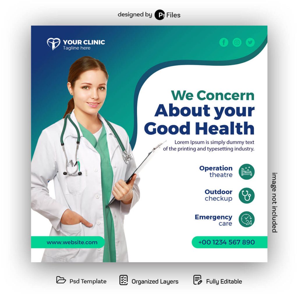 Blue Green Color theme Free Health Care Hospital Social Media Post Design Template