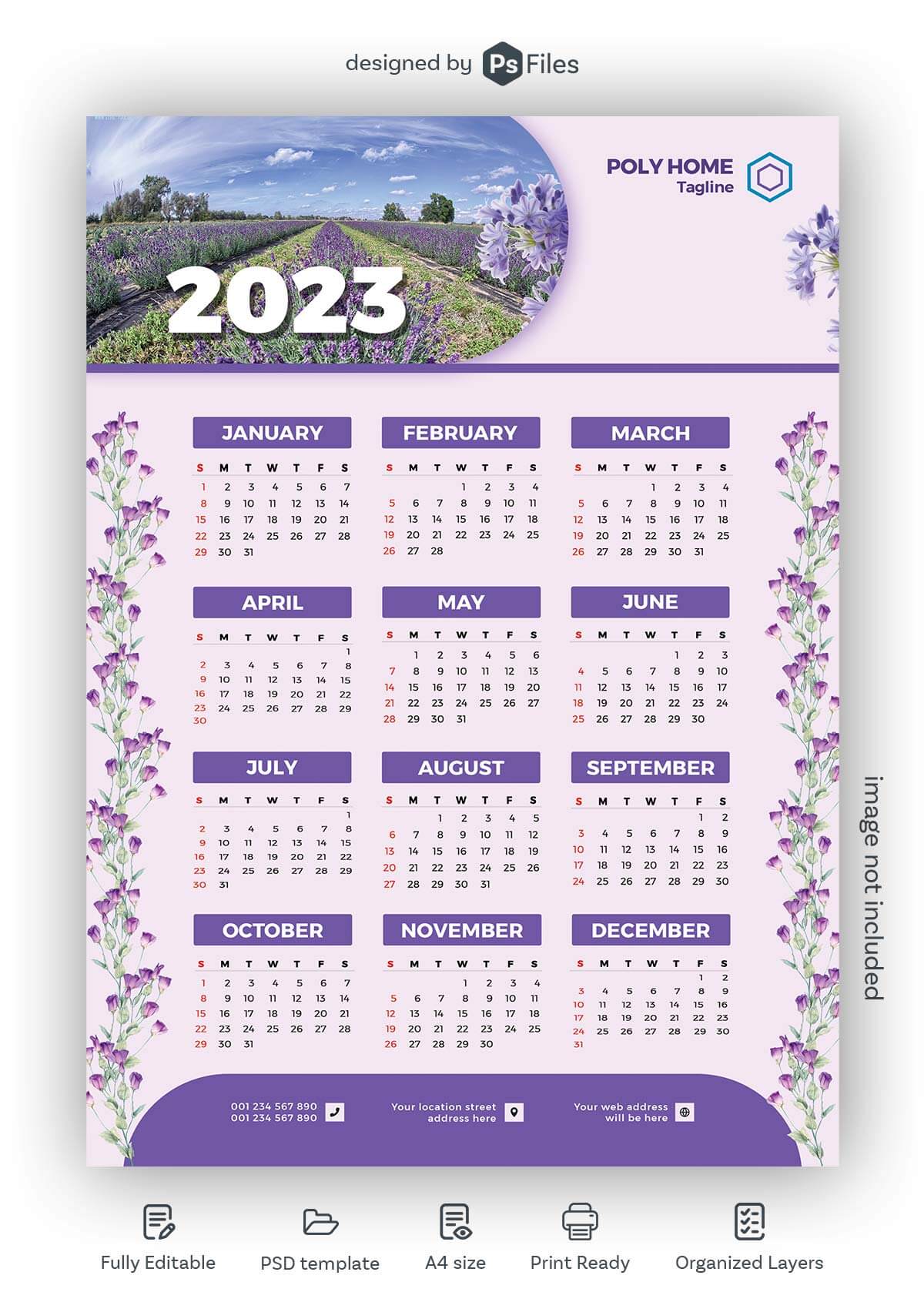 Purple Color Floral and Tulips Flower Wall Calendar 2023 Design PSD Free Download