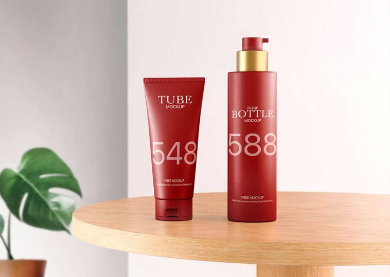 Free Package Mockup Cosmetic Tube and Pump Bottle Mockup PSD